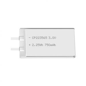 Lithium manganese pouch battery,Size 2.5*34.0*65.0mm,3V 750mAh,Temperature -20℃ ~ +70℃