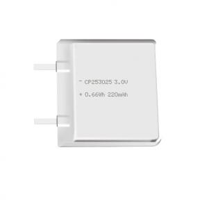 Lithium manganese pouch battery,Size 2.7*31.0*26.0mm,3V 220mAh,Temperature -20℃ ~ +70℃