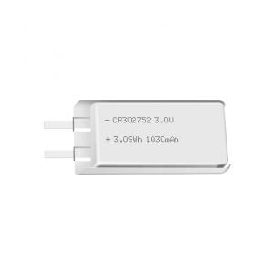 Lithium manganese pouch battery,Size 3.0*27.0*52.0mm,3V 1030mAh,Temperature -20℃ ~ +70℃