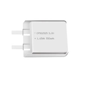 Lithium manganese pouch battery,Size 5.3*26.0*26.0mm,3V 550mAh,Temperature -20℃ ~ +70℃