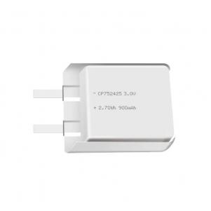 Lithium manganese pouch battery,Size 7.7*25.5*26.0mm,3V 900mAh,Temperature -20℃ ~ +70℃