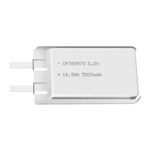 Lithium manganese pouch battery,Size 7.7*39.0*69.0mm,3V 5500mAh,Temperature -20℃ ~ +70℃